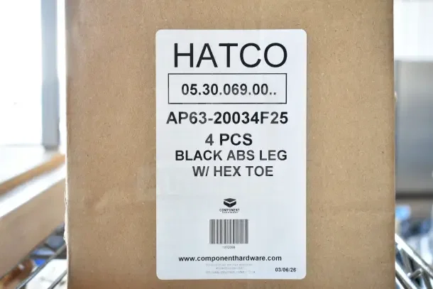 Hatco box labeled "05.30.069.00, 4 PCS Black ABS Leg w/ Hex Toe". New condition, a component hardware item.