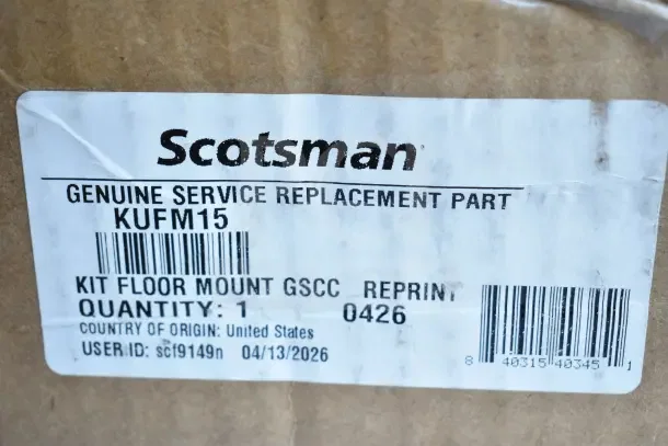 Scotsman KUFM15 Floor Mount Kit box label, genuine service replacement part, new with scratch and dent marks.