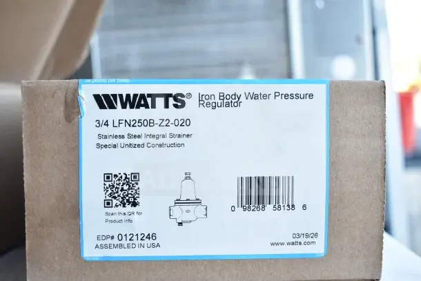 Box showing Watts LFN250B-Z2-020 Iron Body Water Pressure Regulator, new with slight packaging damage, features integral strainer.