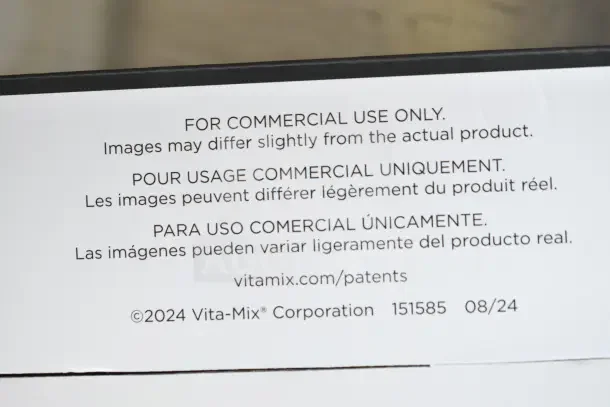 Alt text: Vitamix Immersi-Prep 18" Variable Speed Immersion Blender box label, marked for commercial use only.