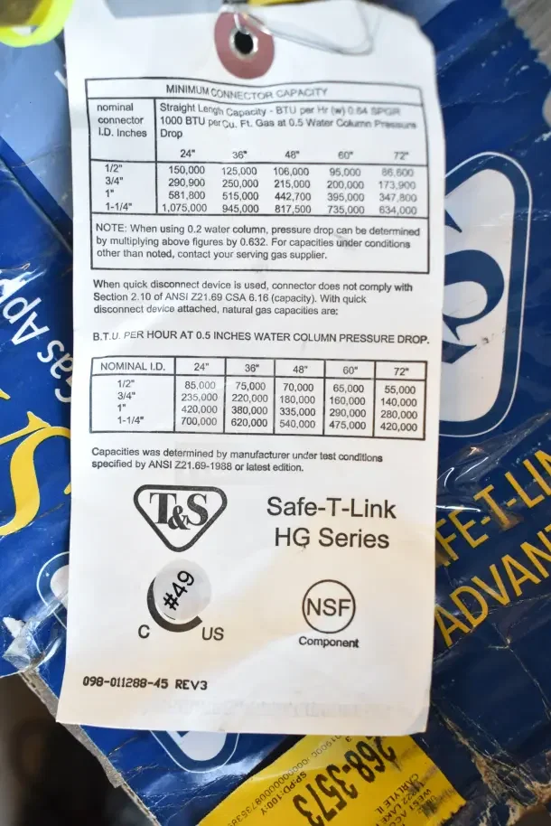 Brand new T&S HG-4D-48K 48" yellow steel gas connector hose, 3/4" NPT, with FreeSpin fitting, slight scratch and dent.