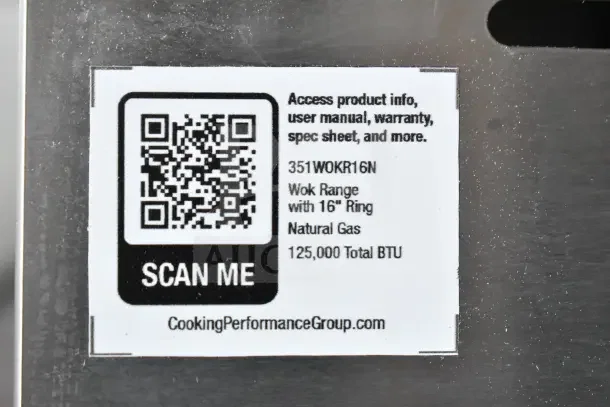 Cooking Performance Group WOKR16N Wok Range label, features 16" ring, natural gas, 125,000 BTU. Includes QR code for info.