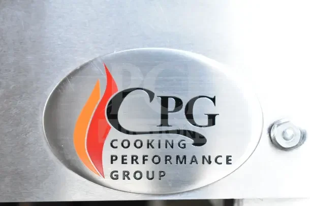 Cooking Performance Group logo on the stainless steel of a commercial single burner gas stock pot range, brand new with scratches and dents.
