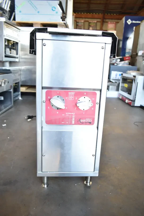 BRAND NEW Avantco CPBTR66A vertical contact bun toaster, 120V, 1 Phase, scratch and dent, stainless steel, control panel visible.