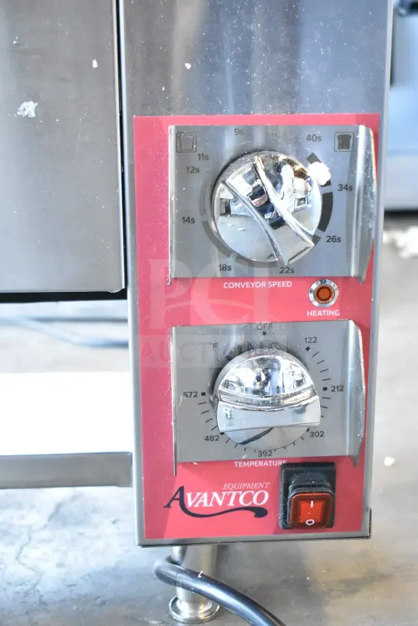 Brand new Avantco CPBTR66A bun toaster, 120V, 1 phase. Features conveyor speed and temperature controls, minor scratches.