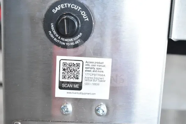Alt text: Avantco CPBTR66A Compact Vertical Contact Bun Toaster with safety cut-out and QR code label for product info. Brand new, 120V, 1 phase.