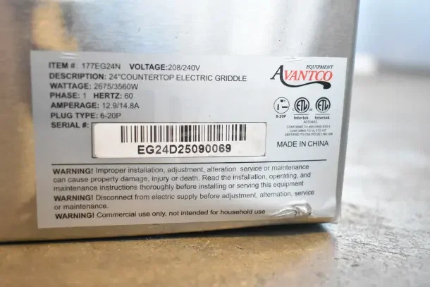 Brand new Avantco EG24N 24" electric countertop griddle, 208/240V, 1 phase. Scratch and dent condition, commercial use.