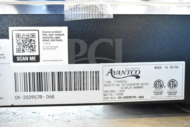 Avantco 177HDC26, 26" heated display case with sliding doors; 120V, brand new with scratch and dent, ETL certified.
