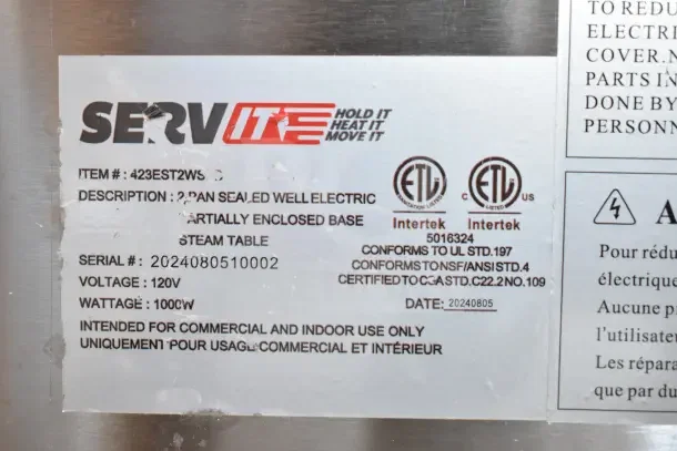 "ServIt 423EST2WS label detailing a new two-pan sealed well electric steam table, 120V, 1000W, with certification marks."