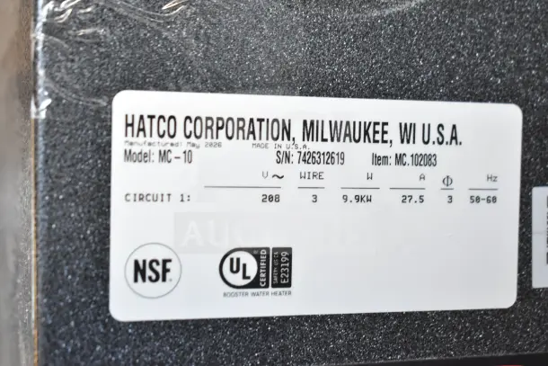 Hatco MC-10 booster water heater label, showing model, voltage, phase, and certifications, including NSF and UL.