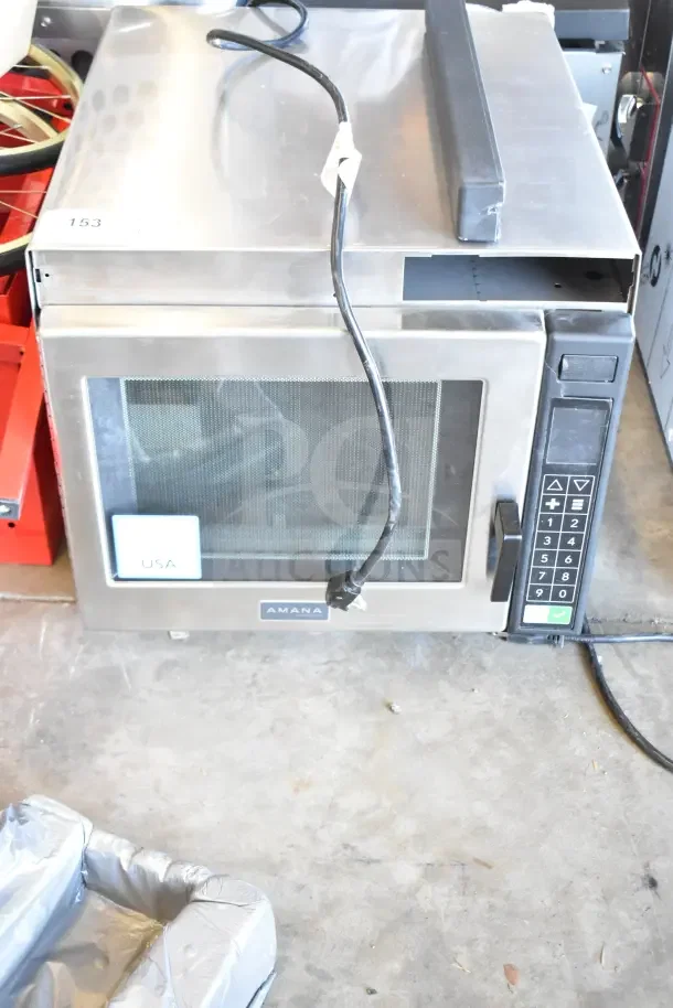 Amana RC17S2 heavy-duty stainless steel commercial microwave, scratch and dent, push button controls, 208/240V.
