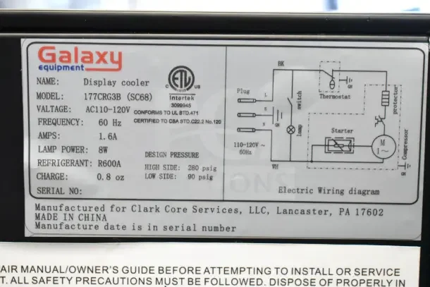 Galaxy 177CRG3B display cooler label showing voltage, frequency, amps, lamp power, refrigerant type, and wiring diagram.