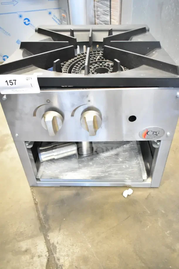 BRAND NEW CPG-SP-18-N Natural Gas Stock Pot Range, 80,000 BTU. Scratch and dent. CPG logo visible with control knobs.