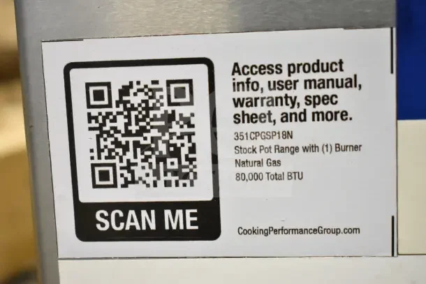 QR code label for CPG 351CPGSP18N stock pot range. Provides access to manual, warranty, and specs. 80,000 BTU natural gas.