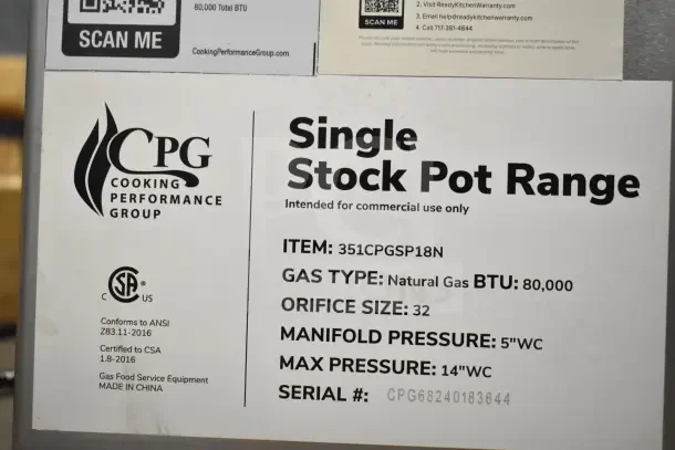 BRAND NEW CPG CPG-SP-18-N Natural Gas Stock Pot Range, 80,000 BTU, commercial use, model 351CPGSP18N, scratch and dent.