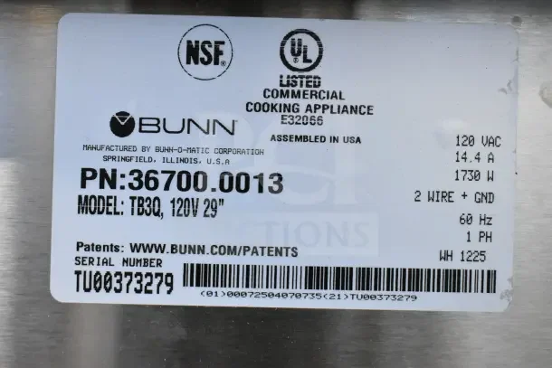 Bunn TB3Q 36700.0013 iced tea brewer label, NSF, UL listed, 120V, 1730W, 1 phase, serial TU00373279, USA assembled.