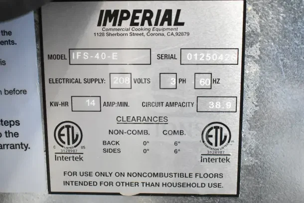 BRAND NEW SCRATCH AND DENT Imperial IFS-40-E 40 lb. Electric Fryer, 240V, 3 Phase, model and electrical specifications shown.