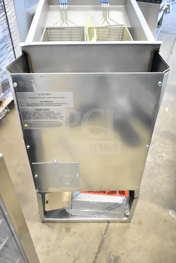 BRAND NEW Imperial IFS-40-E Commercial Electric Fryer, 40 lb. capacity, 240V, 3 Phase, minor scratches, caution labels visible.