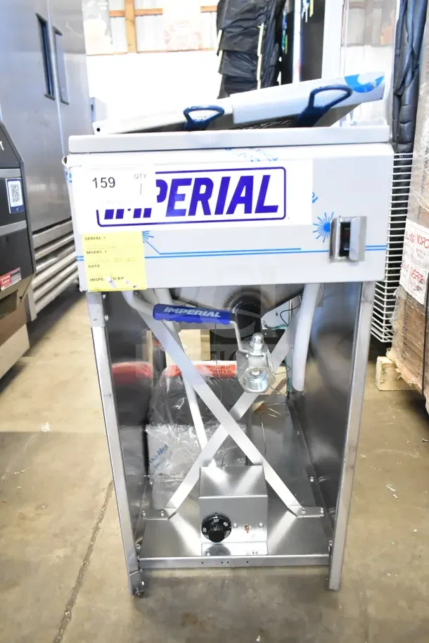 Brand new Imperial IFS-40-E commercial 40 lb. electric fryer, 240V, 3 phase. Visible labels, mild scratches.