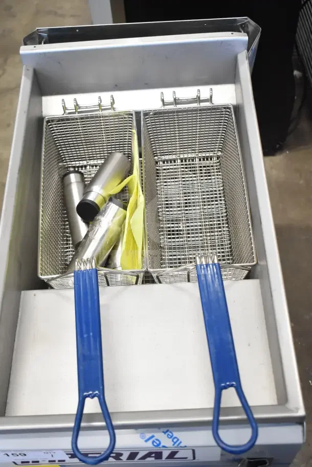"Imperial IFS-40-E Commercial Fryer, 40 lb. capacity, electric, dual baskets, blue handles, minor cosmetic dents visible."