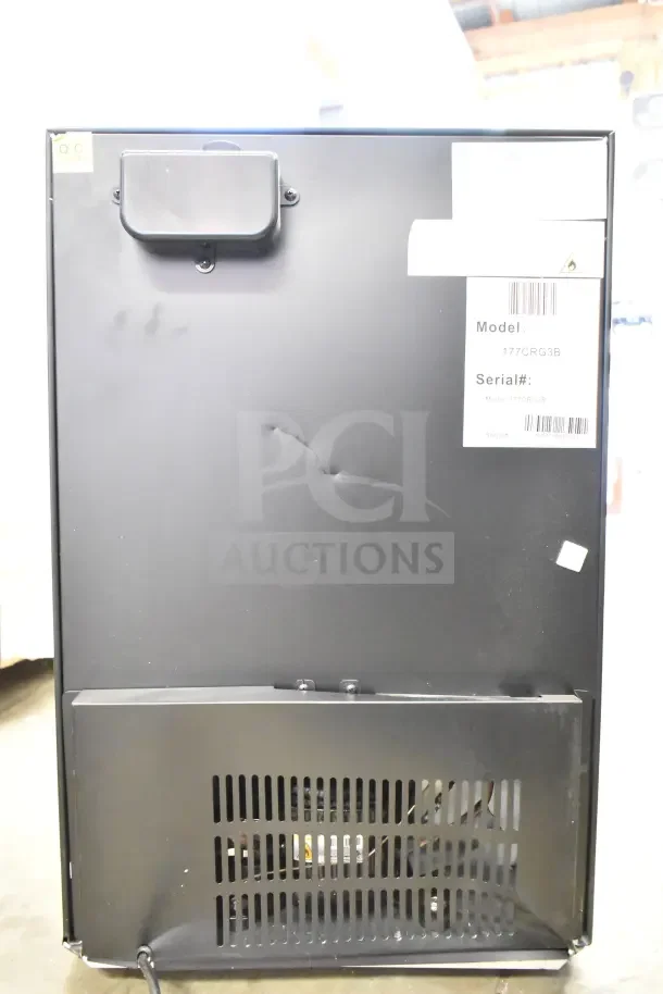 Black Galaxy 177CRG3B countertop display refrigerated merchandiser, new, 2.5 cu ft, visible dents, model and serial tags attached.