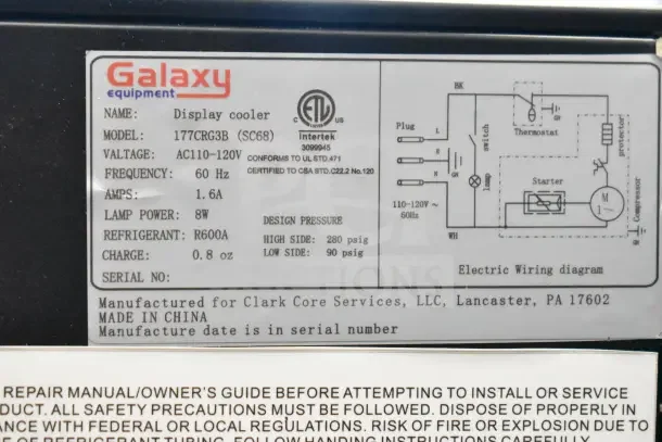 Brand new Galaxy 177CRG3B countertop display cooler, 2.5 cu ft, black, 110-120V, customizable, scratch and dent condition.