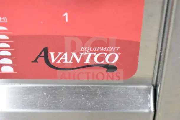 Avantco logo and part of the control panel on a scratch and dent model 177CPBTR66B compact bun toaster.