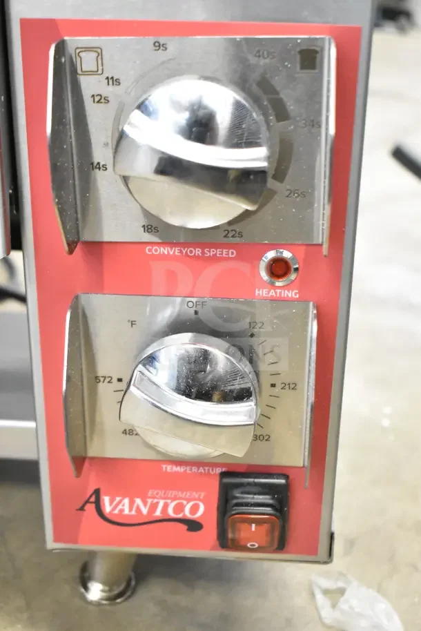 "Avantco 177CPBTR66B commercial bun toaster controls. Features conveyor speed and temperature dials, heating indicator, and power switch."