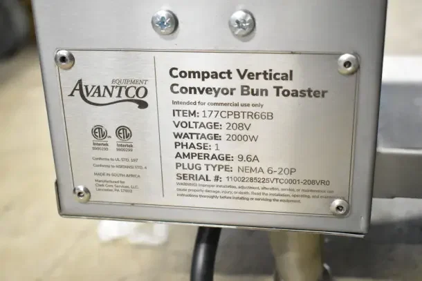 Brand new Avantco 177CPBTR66B commercial bun toaster, 208V, 2000W. Label shows model details and specifications.