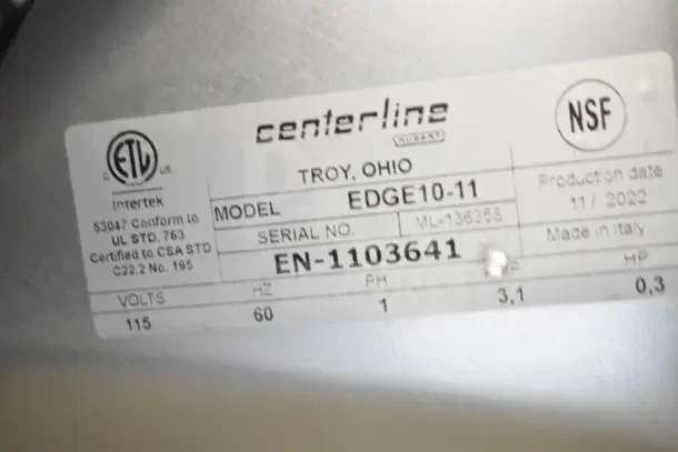 Hobart Centerline EDGE10-11 10" Manual Meat Slicer label with ETL and NSF marks, serial EN-1103641, 115 volts, made in Italy.