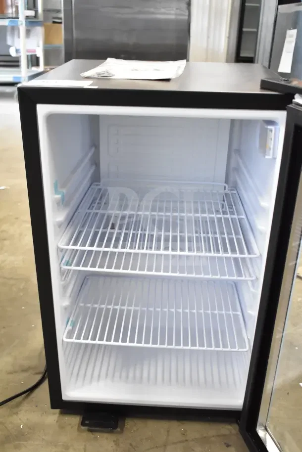 Brand new Galaxy 177CRG3B black countertop display refrigerated merchandiser, 2.5 cu ft, 115V, customizable, minor scratches.