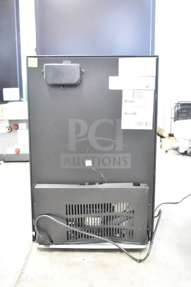 Rear view of a Galaxy 177CRG3B countertop refrigerated merchandiser, black, 2.5 cu ft, showing model and serial labels.