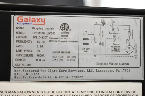 Label showing specifications for the Galaxy 177CRG3B refrigerated merchandiser. Displays voltage, frequency, and refrigerant details.