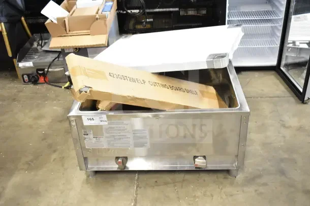 BRAND NEW ServIt 423GST2WELP two pan open well LP steam table with undershelf, 7000 BTU, minor scratches.