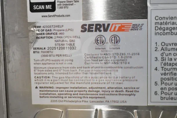 Brand new ServIt 423GST2WELP steam table, 2025 model, two-pan open well, liquid propane, 7000 BTU, with undershelf.
