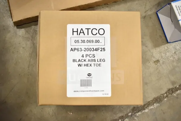 Cardboard box labeled "HATCO" with a code and description of included contents: "4 PCS BLACK ABS LEG W/ HEX TOE."