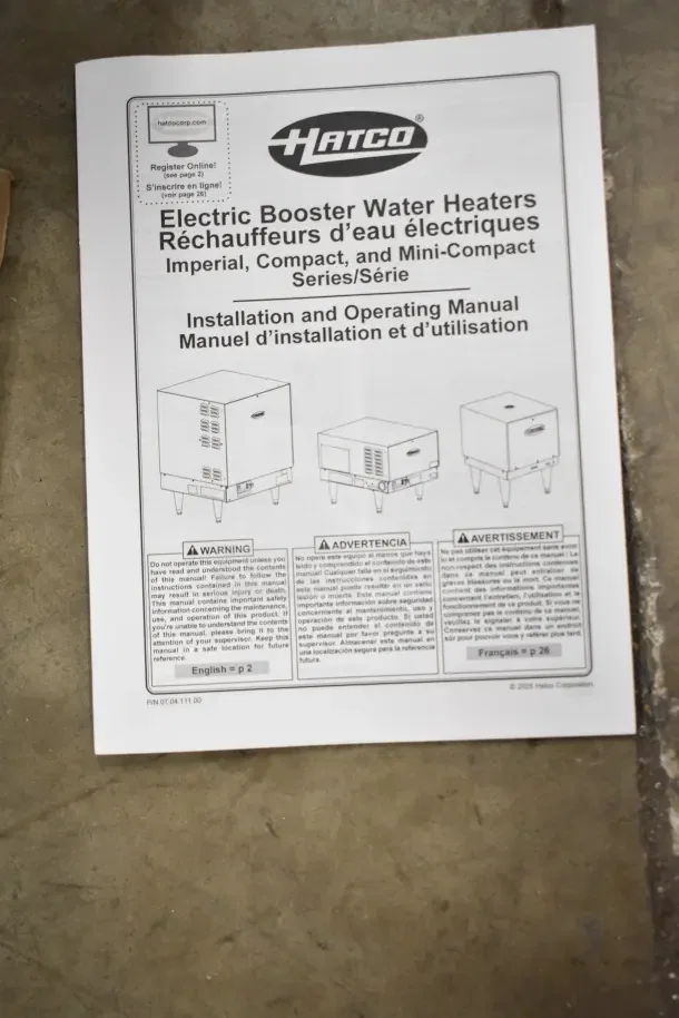 BRAND NEW Hatco C-13 Compact Booster Water Heater, 240V, 1 Phase, includes manual, scratch and dent condition.