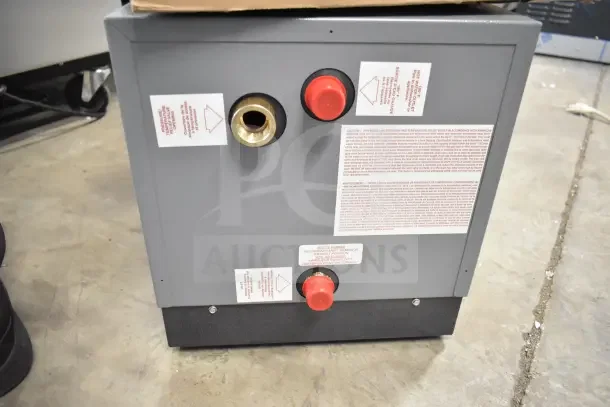 BRAND NEW Hatco C-13 Booster Water Heater, 240V, 1 Phase. Scratch and dent condition. Features red valves and caution labels.