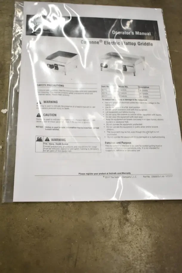 Vollrath Cayenne 14" Electric Countertop Grill operator's manual. Includes safety precautions and product registration info.