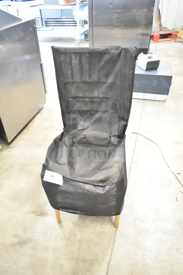 Lancaster Table & Seating Chiavari chair, gold resin, steel reinforced, in scratch and dent condition. Tag: "168 BID 56X".