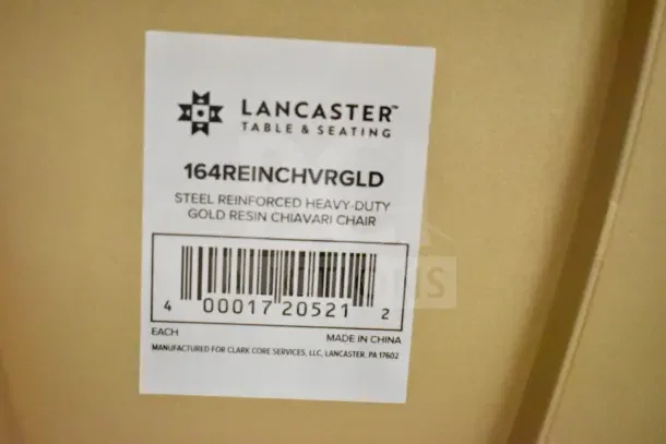 Lancaster steel-reinforced gold resin Chiavari chair, model 164REINCHVRGLD, new with scratch and dent, label shown.