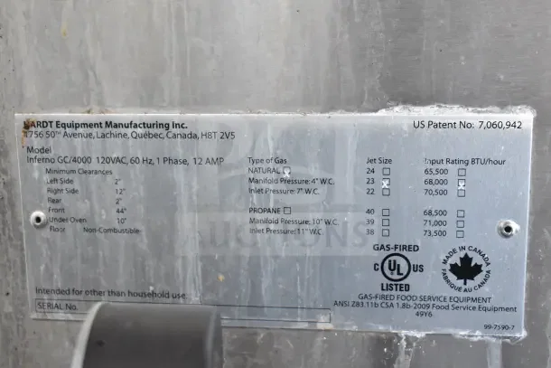 Hardt Inferno GC/4000 commercial rotisserie oven label showing specifications: 120VAC, 60 Hz, 12 AMP, 68,000 BTU, natural gas.