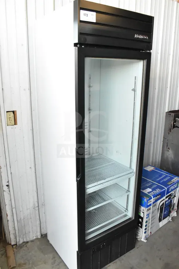 2019 Habco SE18 commercial cooler merchandiser, single glass door, 115V, 1 phase, excellent condition, model label visible.