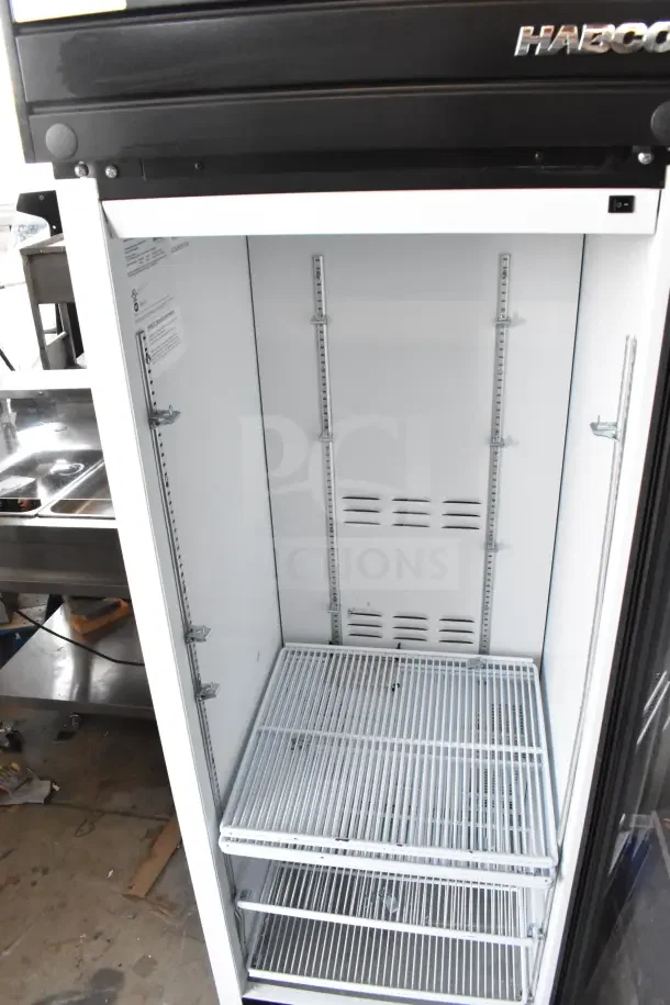 2019 Habco SE18 commercial single door cooler, 115V, 1 phase; white interior, adjustable shelves, excellent condition.