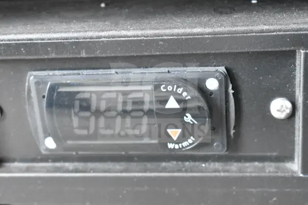 Digital temperature control on 2019 Habco SE18 Commercial Single Door Cooler, shows colder/warmer settings.