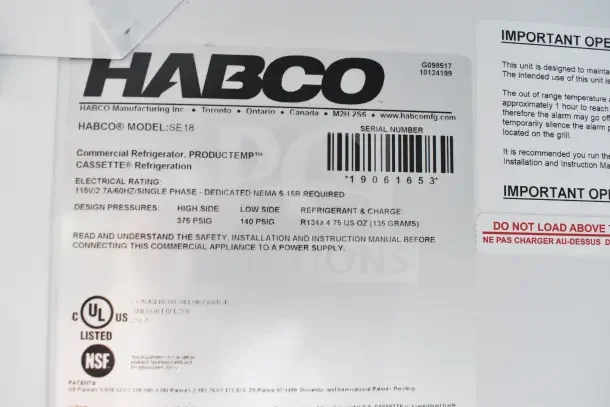 2019 Habco SE18 Commercial Single Door Cooler, 115V, 1 Phase. Model label showing UL, NSF marks and specifications.