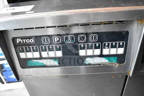 Pitco Frialator 2 Bay Gas Deep Fryer, commercial casters, control panel visible, shows signs of wear.