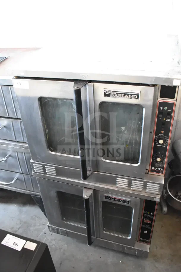 Garland Master 200 Commercial Gas Convection Ovens, dual, view-through doors, thermostatic controls, stainless steel.