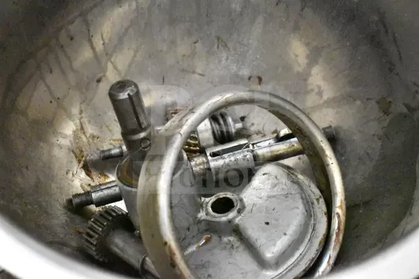 Hobart A200 20 Quart Mixer Bowl with attachments, showing wear and residue, compatible with 115V, 1 Phase.
