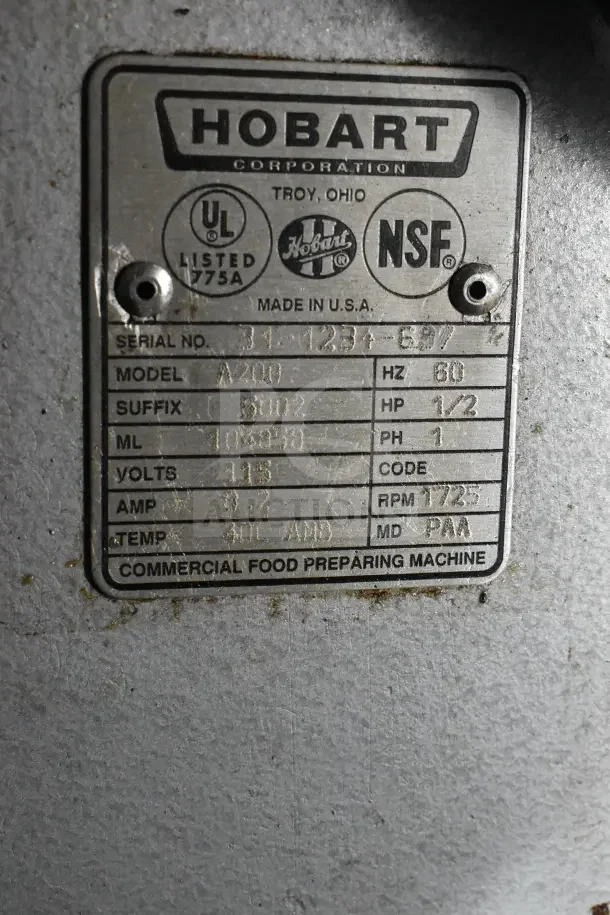 Hobart A200 Commercial Dough Mixer tag showing model, voltage, and certification marks. 115V, 1 Phase, UL listed.